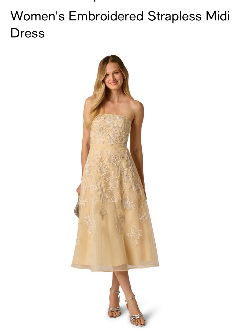 Adrianna Papell Strapless Embroidered Midi Dress in Butter Yellow